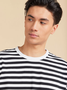 HOMME メンズ メンズ コットン 細ボーダー 半袖Tシャツ "Coulos" ホワイト×ブラック