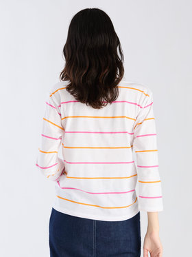 FEMME ウィメンズ ボーダー コットン ボートネック 七分袖 Tシャツ ホワイト