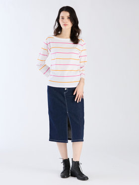FEMME ウィメンズ ボーダー コットン ボートネック 七分袖 Tシャツ ホワイト