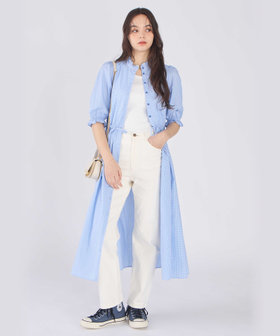 To b. by agnès b. ギンガムチェック コットン フリル ワンピース ブルー