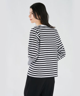FEMME ウィメンズ 【by R 限定品】agnes b. 細ボーダーxストライプ コットン 長袖 Tシャツ "Haru" ホワイト×ブラック