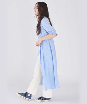 To b. by agnès b. ギンガムチェック コットン フリル ワンピース ブルー