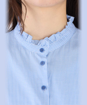 To b. by agnès b. ギンガムチェック コットン フリル ワンピース ブルー