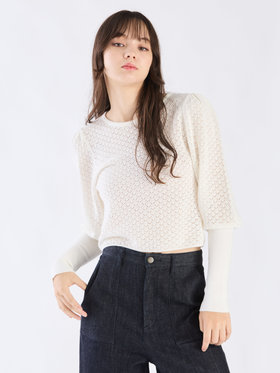 To b. by agnès b. 【Outlet】WW60 PULLOVER リブ x オープンワークスリーブプルオーバー ホワイト