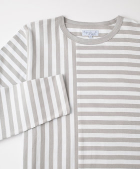 FEMME ウィメンズ 【by R 限定品】agnes b. 細ボーダーxストライプ コットン 長袖 Tシャツ "Haru" ライトグレー × ホワイト