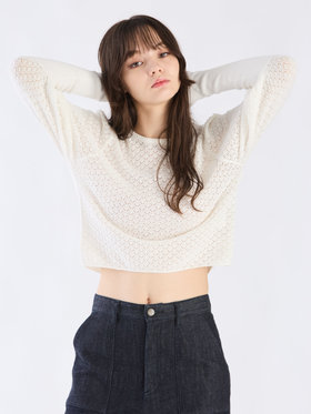 To b. by agnès b. 【Outlet】WW60 PULLOVER リブ x オープンワークスリーブプルオーバー ホワイト