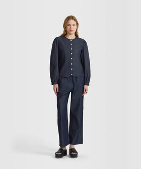 FEMME ウィメンズ デニム シャンブレー ボリュームスリーブ ブラウス "New Caraco" ネイビー