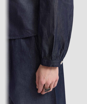 FEMME ウィメンズ デニム シャンブレー ボリュームスリーブ ブラウス "New Caraco" ネイビー