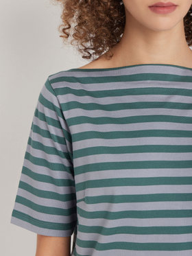 FEMME ウィメンズ 【Outlet】ボーダー コットン 五分袖 Tシャツ ”Marin” グリーン×グレー