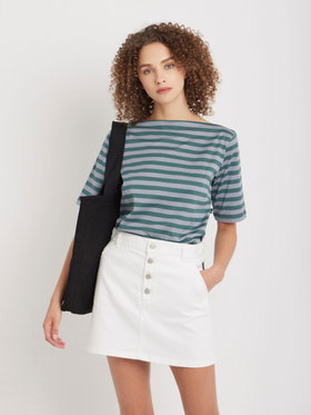 FEMME ウィメンズ 【Outlet】ボーダー コットン 五分袖 Tシャツ ”Marin” グリーン×グレー