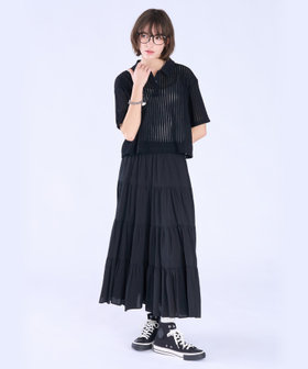 To b. by agnès b. ラッフルメッシュ ストライプ ポロシャツ ブラック
