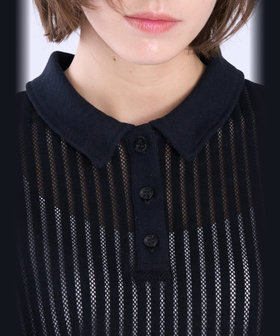 To b. by agnès b. ラッフルメッシュ ストライプ ポロシャツ ブラック