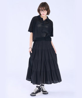 To b. by agnès b. ラッフルメッシュ ストライプ ポロシャツ ブラック