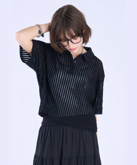 To b. by agnès b. ラッフルメッシュ ストライプ ポロシャツ ブラック
