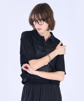 To b. by agnès b. ラッフルメッシュ ストライプ ポロシャツ ブラック