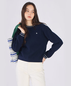 To b. by agnès b. スター 刺繍 ライン コットン 長袖 ニット プルオーバー ネイビー