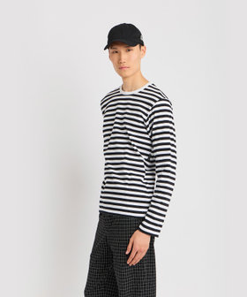 HOMME メンズ メンズ 細ボーダー コットン 長袖 Tシャツ "Coulos" ホワイト×ブラック