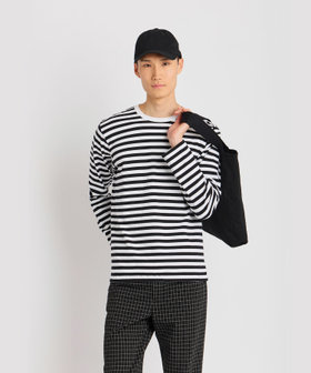 HOMME メンズ メンズ 細ボーダー コットン 長袖 Tシャツ "Coulos" ホワイト×ブラック