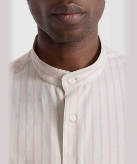 HOMME メンズ メンズ ストライプ リネン 長袖 スタンドカラー シャツ "Ouran" ピンク