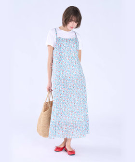 To b. by agnès b. ボタニカル プリント コットン ノースリーブ ロング ワンピース レッド