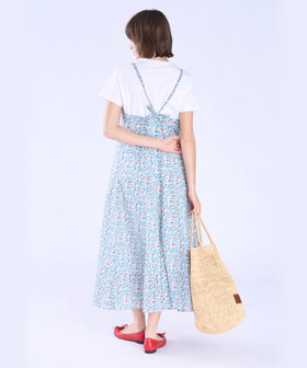 To b. by agnès b. ボタニカル プリント コットン ノースリーブ ロング ワンピース レッド