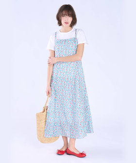 To b. by agnès b. ボタニカル プリント コットン ノースリーブ ロング ワンピース レッド