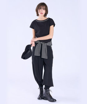 To b. by agnès b. メッセージ 刺繍 コットン 半袖 Tシャツ "Bonheur" ブラック