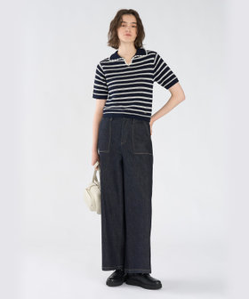 To b. by agnès b. カラーボーダー コットン 半袖 ニットポロ ネイビー