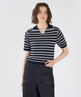 To b. by agnès b. カラーボーダー コットン 半袖 ニットポロ ネイビー