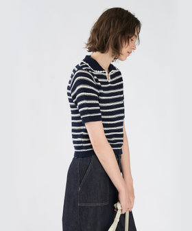 To b. by agnès b. カラーボーダー コットン 半袖 ニットポロ ネイビー