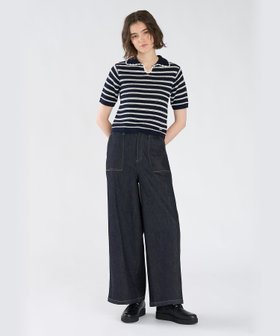 To b. by agnès b. カラーボーダー コットン 半袖 ニットポロ ネイビー