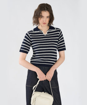To b. by agnès b. カラーボーダー コットン 半袖 ニットポロ ネイビー