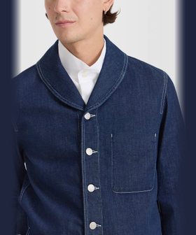 HOMME メンズ メンズ デニム ショールカラー 長袖 ジャケット "Loritz" ネイビー