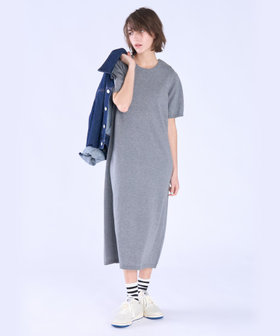 To b. by agnès b. WEB限定 ショルダーボタン コットン 半袖 ニット ワンピース ライトグレー