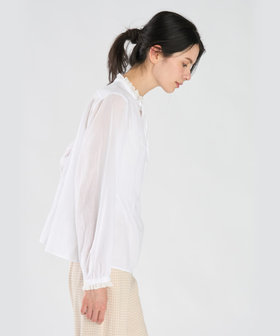 FEMME ウィメンズ ガーゼ調コットン リボン フリルネック 長袖 ブラウス "Tiziano" ホワイト