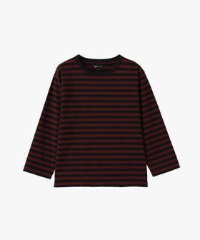 FEMME ウィメンズ 細ボーダー コットン 七分袖 Tシャツ "Lil Cool" ブラック×ボルドー