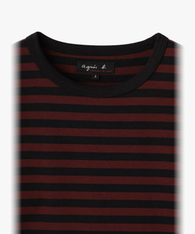 FEMME ウィメンズ 細ボーダー コットン 七分袖 Tシャツ "Lil Cool" ブラック×ボルドー