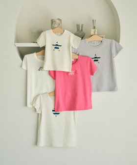 ENFANT ユニセックス キッズ ロゴ ボーダー プリント コットン 半袖 Tシャツ "Etoile" グレー
