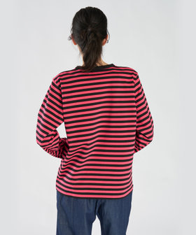 FEMME ウィメンズ 【by R 限定品】agnes b. 細ボーダーxストライプ コットン 長袖 Tシャツ "Haru" フューシャピンク×ブラック