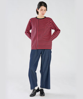 FEMME ウィメンズ 【by R 限定品】agnes b. 細ボーダーxストライプ コットン 長袖 Tシャツ "Haru" フューシャピンク×ブラック