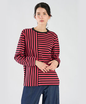 FEMME ウィメンズ 【by R 限定品】agnes b. 細ボーダーxストライプ コットン 長袖 Tシャツ "Haru" フューシャピンク×ブラック