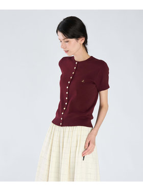 FEMME ウィメンズ "b."ロゴ刺繍 コットンニット 半袖 カーディガンプレッション "Swing" ボルドー