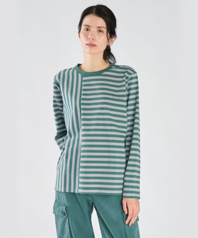 FEMME ウィメンズ 【by R 限定品】agnes b. 細ボーダーxストライプ コットン 長袖 Tシャツ "Haru" グリーン×スモーキーブルー