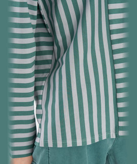 FEMME ウィメンズ 【by R 限定品】agnes b. 細ボーダーxストライプ コットン 長袖 Tシャツ "Haru" グリーン×スモーキーブルー