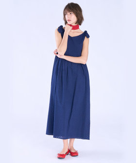 To b. by agnès b. フラワー コットン カット ジャカード ワンピース ネイビー