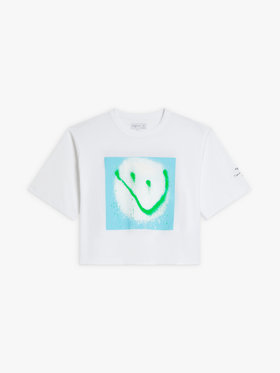 FEMME ウィメンズ オーガニックコットン プリント 5分袖 アーティスト Tシャツ "KATSU" ホワイト