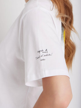 FEMME ウィメンズ オーガニックコットン プリント 5分袖 アーティスト Tシャツ "KATSU" ホワイト