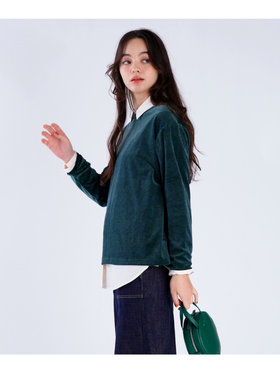 To b. by agnès b. 【Outlet】ボーダー ベロア ロングスリーブ Tシャツ グリーン