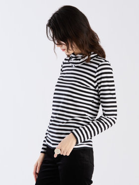 FEMME ウィメンズ 細ボーダー オーガニックコットン タートルネック 長袖 Tシャツ "Transformable" ホワイト×ブラック