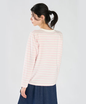 FEMME ウィメンズ 【by R 限定品】agnes b. 細ボーダーxストライプ コットン 長袖 Tシャツ "Haru" ホワイト×ピンク